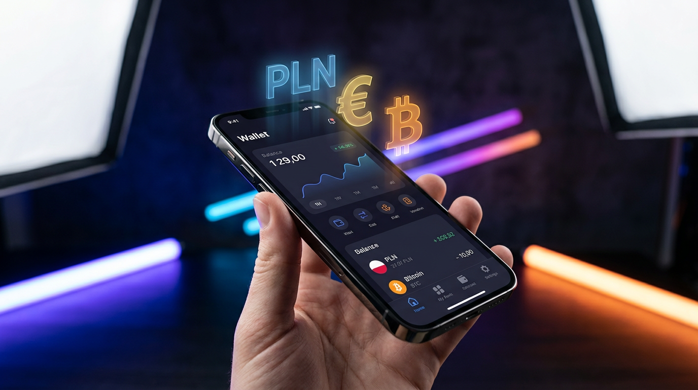 Cyfrowy portfel na smartfonie z symbolami walut