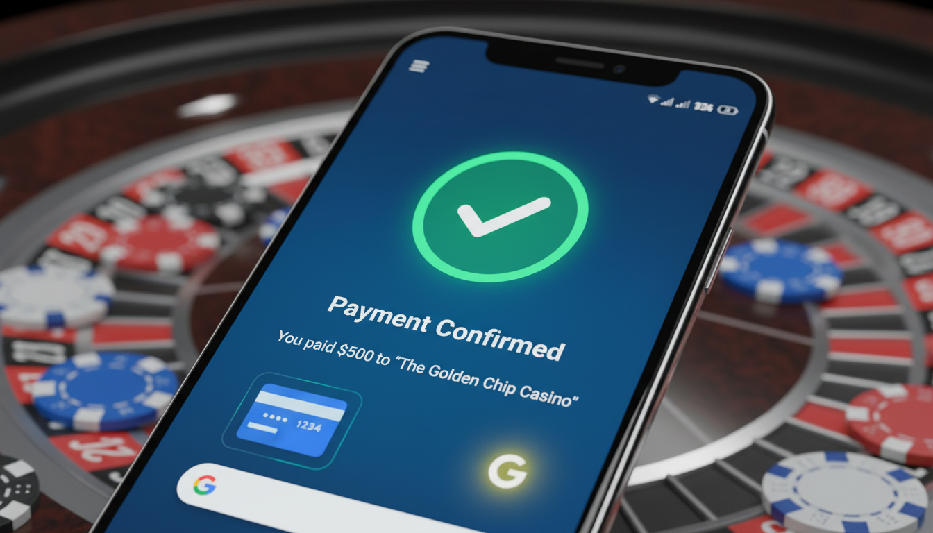 Grafika przedstawiająca smartfon z aplikacją Google Wallet na tle żetonów kasynowych