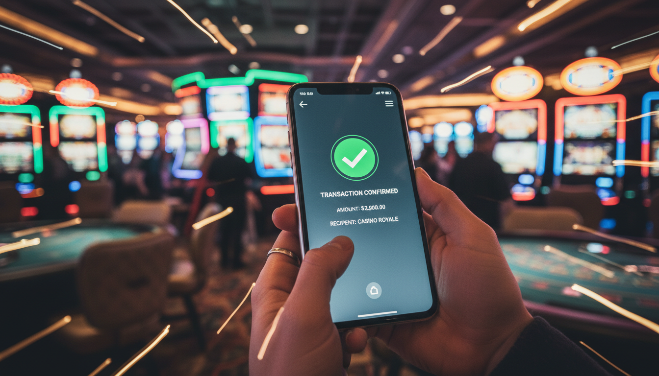 Gracz trzymający smartfon z aplikacją płatniczą na tle kolorowych automatów do gry