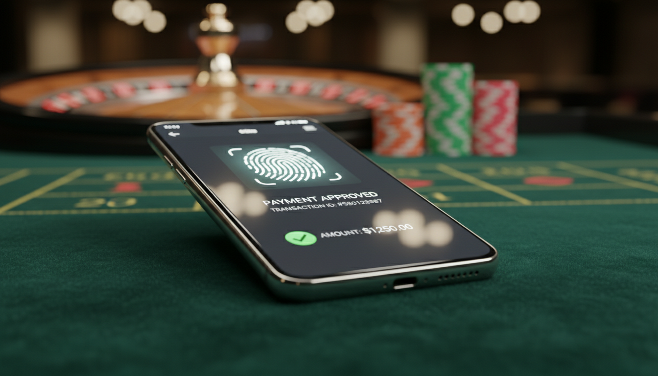 Smartfon z aplikacją płatniczą na tle stołu do ruletki