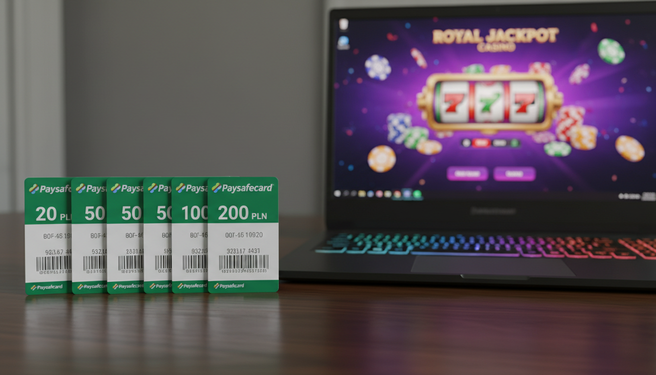 Zestawienie różnych nominałów kart Paysafecard na tle laptopa z otwartą stroną kasyna
