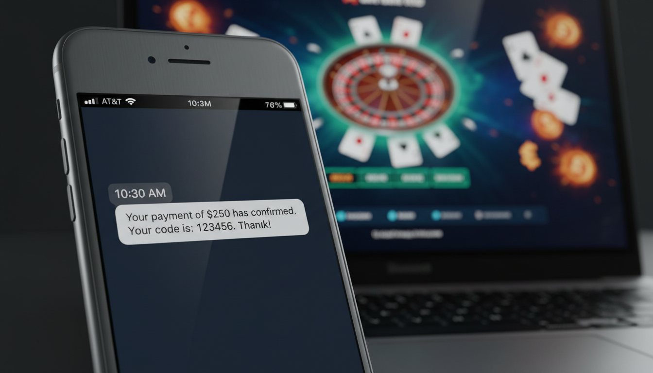 Grafika przedstawiająca smartfon z widocznym kodem potwierdzającym płatność SMS na tle strony kasyna